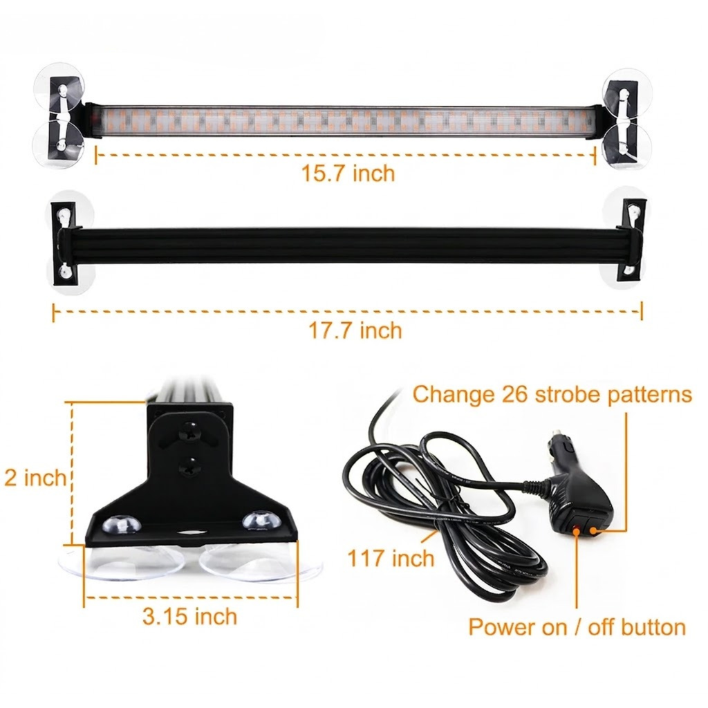 Amber LED Strobe Light Bar dimension diagram showing light bar length, suction cup bracket size and power cable length