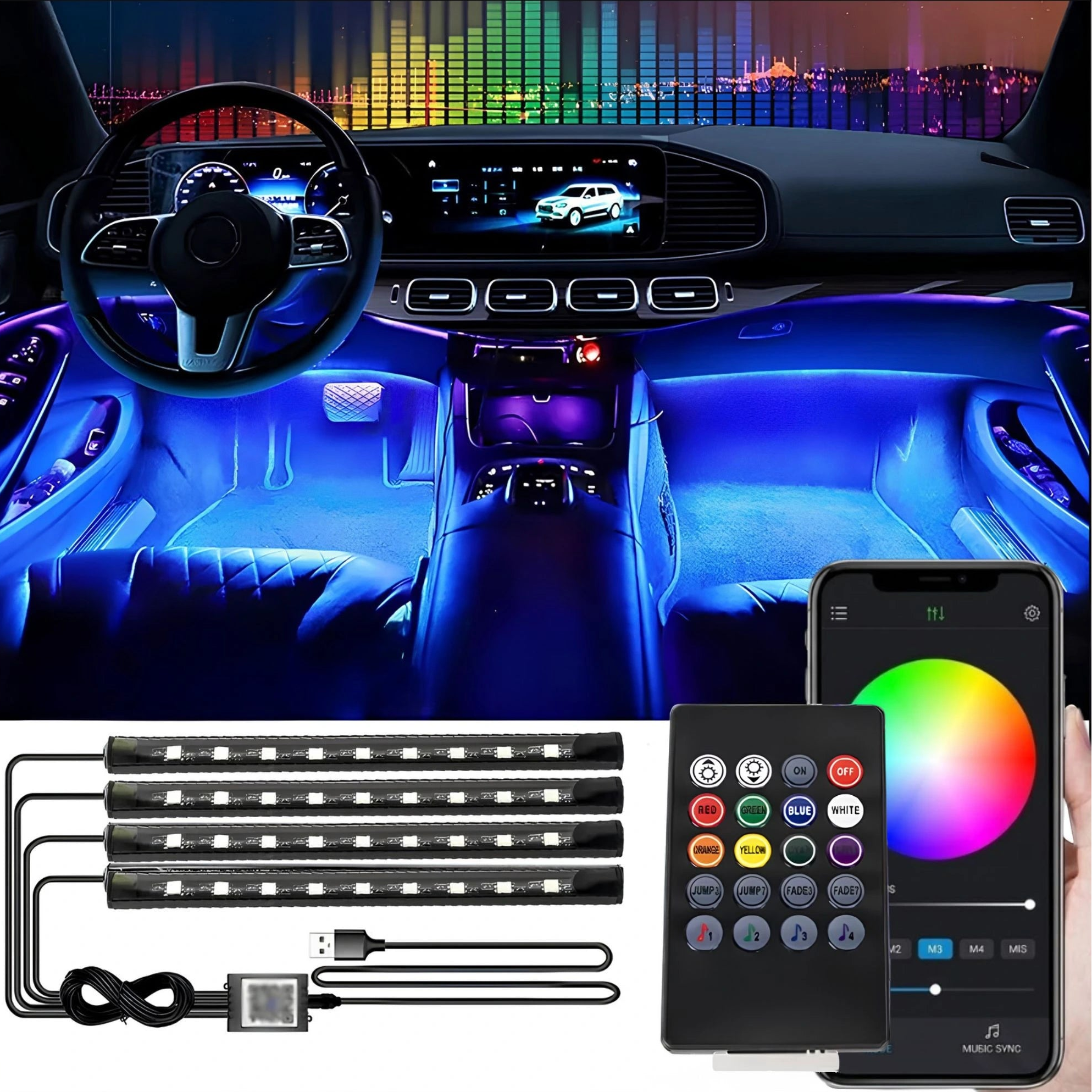 Car interior ambient LED light kit shown installed in a dashboard and footwell, with the included controller remote, USB cable, and smartphone app control screen displayed at the bottom.