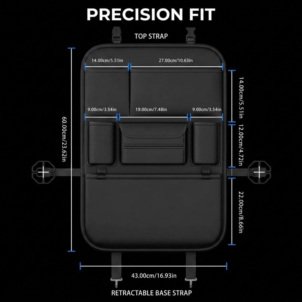 Precision fit measurement diagram of a black bag with top strap and retractable base strap dimensions shown on a black background.