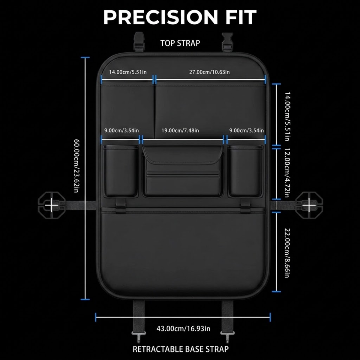 Precision fit measurement diagram of a black bag with top strap and retractable base strap dimensions shown on a black background.