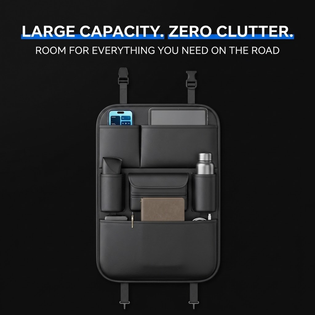 A black road organizer pouch with multiple compartments, shown holding a phone, wallet, bottle, and other small items against a black background. White text at the top reads, 'LARGE CAPACITY.