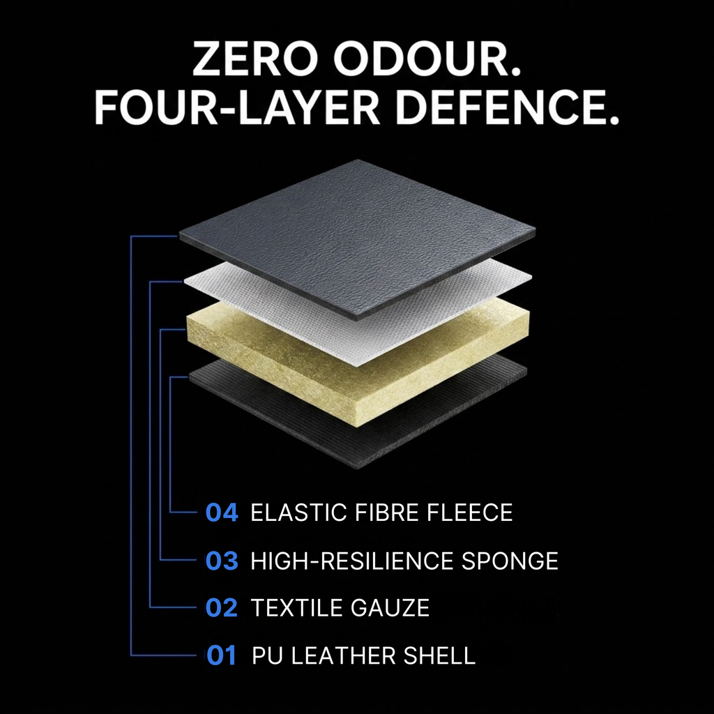 A black informational graphic with the headline 'ZERO ODOUR. FOUR-LAYER DEFENCE.