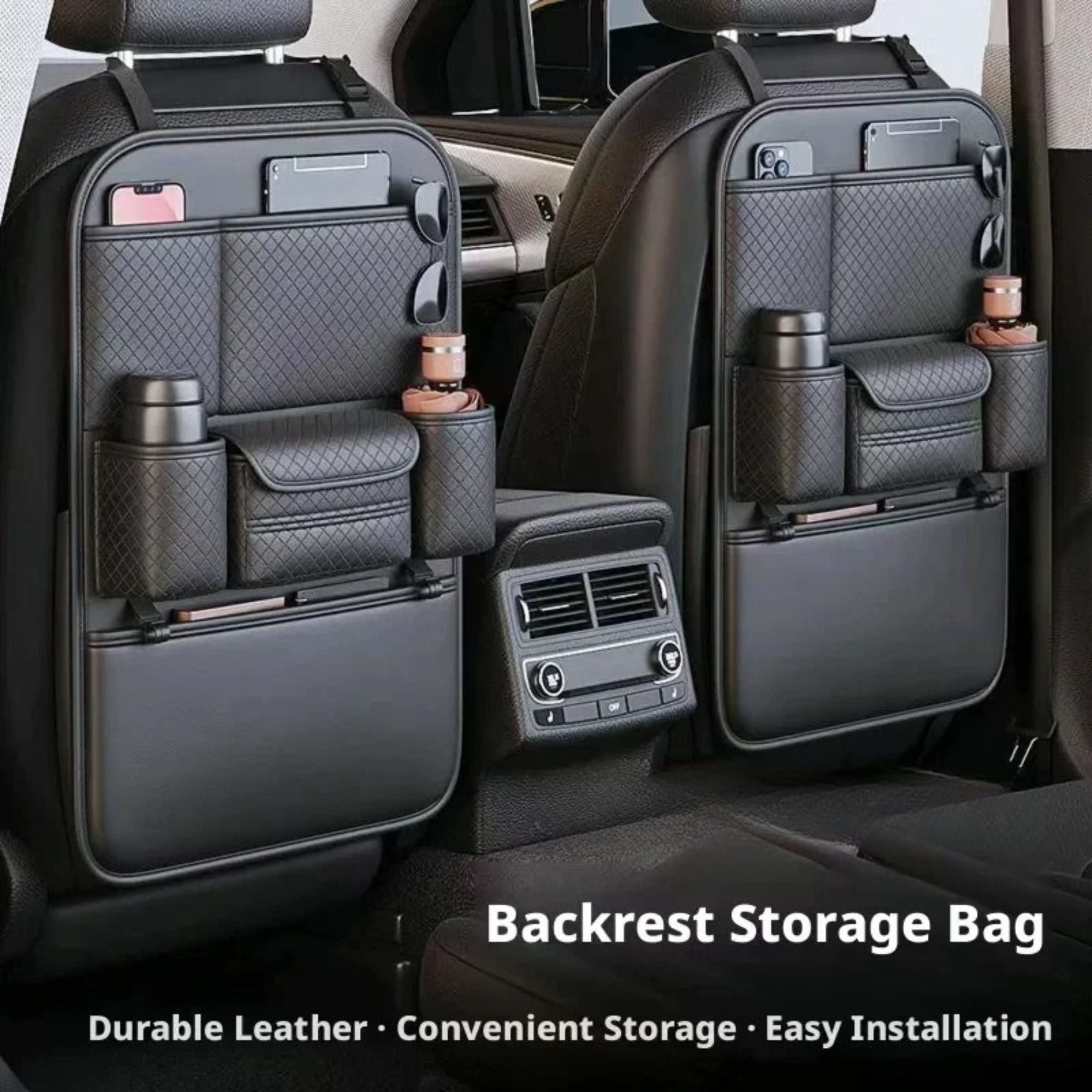 Two black car backrest storage bags mounted on the rear seats of a vehicle, shown with cup holders, phone pockets, and storage compartments. Text at the bottom reads 'Backrest Storage Bag' and 'Durable Leather • Convenient Storage • Easy Installation'.