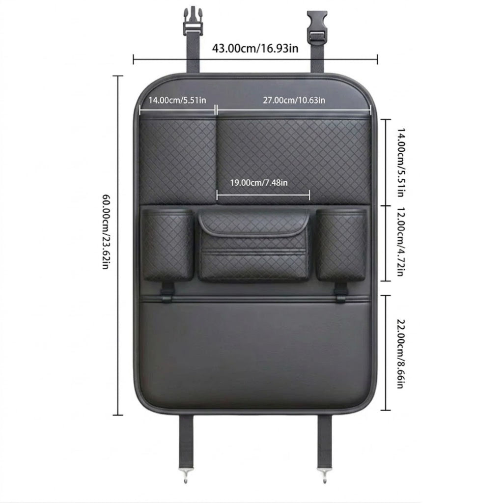 Black car seat belt organizer with dimensions labeled, shown on a white background with measurement lines and text.