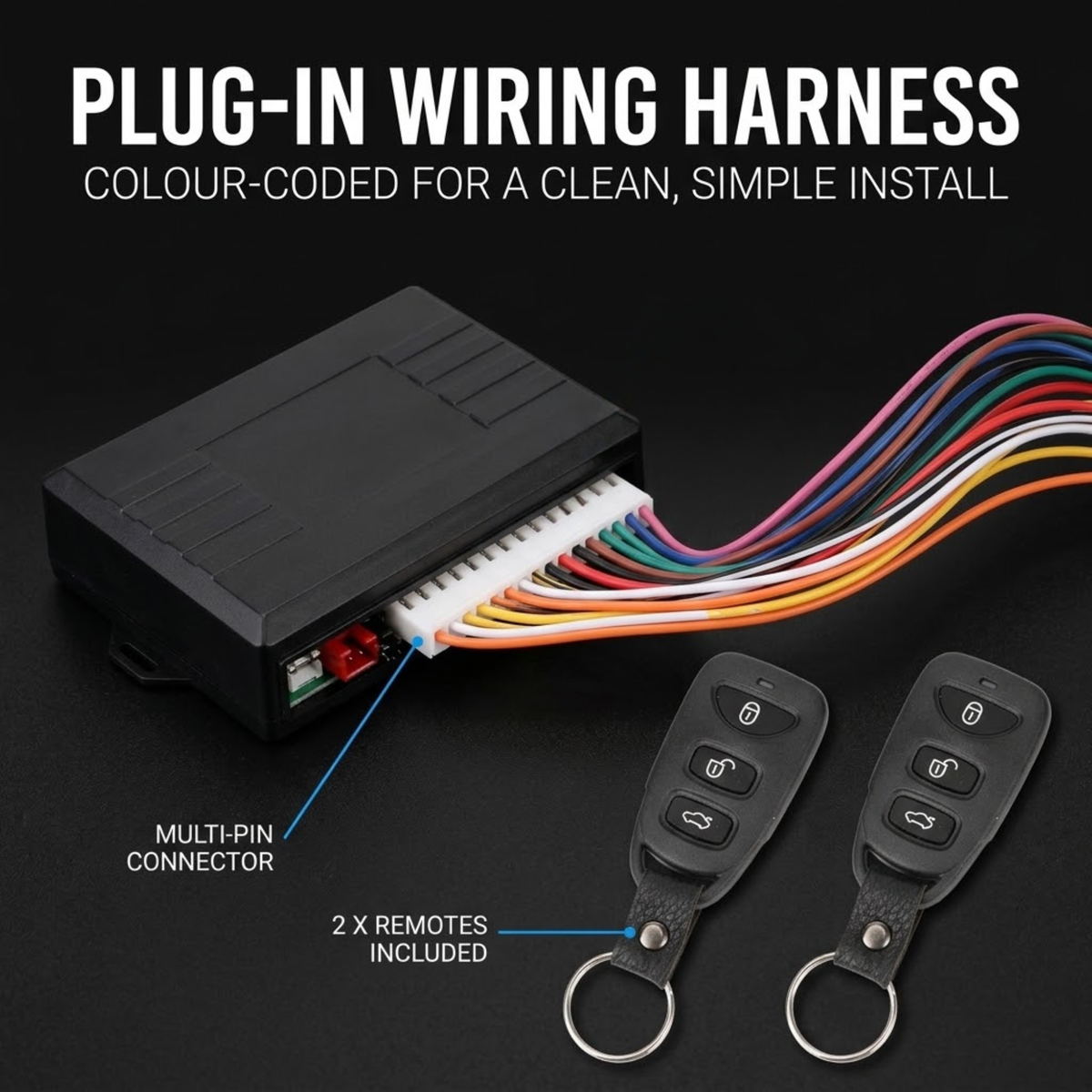 Central locking control box with colour-coded plug-in wiring harness, multi-pin connector and two remote key fobs