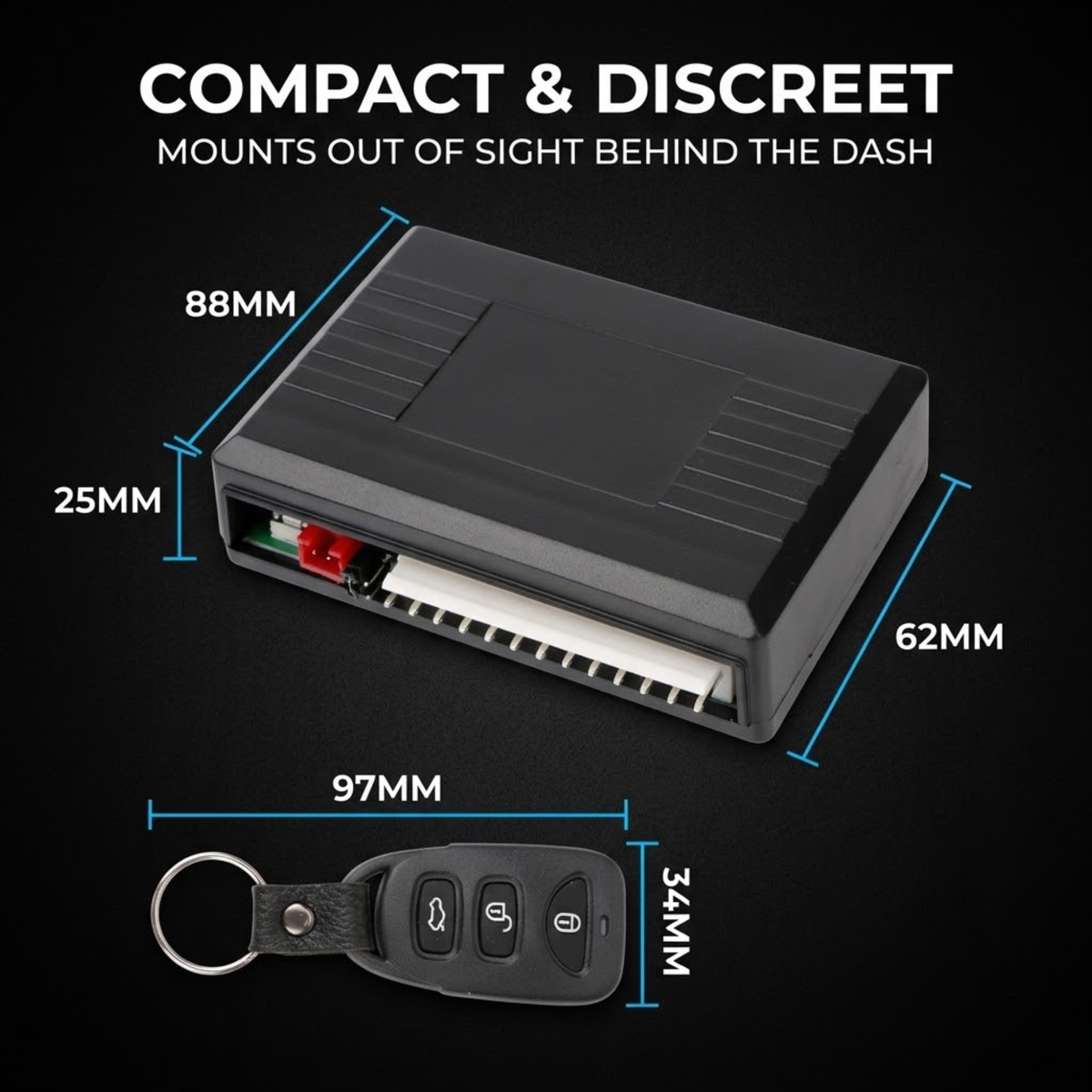 Central locking control box dimensions of 88 mm by 62 mm by 25 mm, and remote key fob dimensions of 97 mm by 34 mm