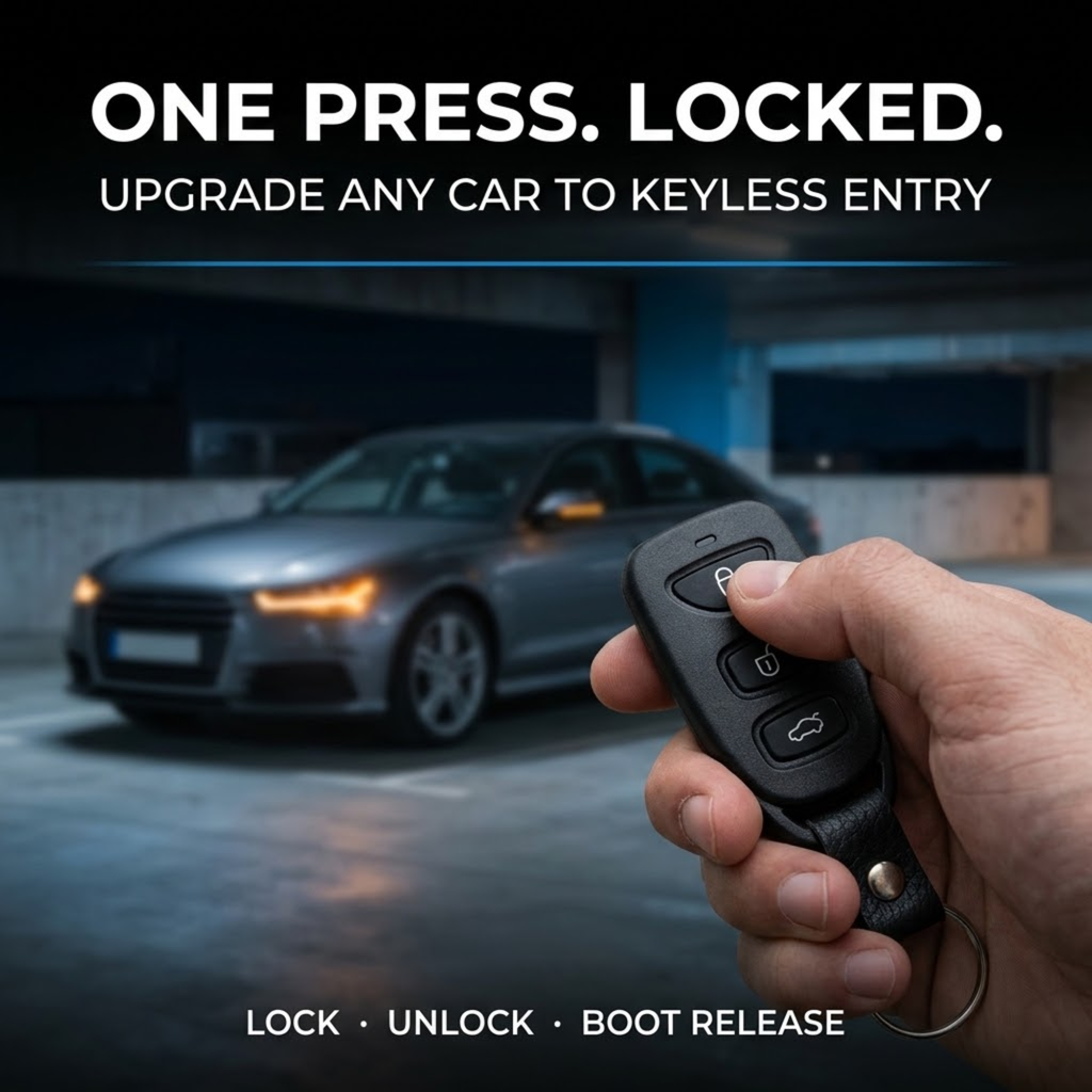 Hand pressing a keyless entry remote fob with lock, unlock and boot release buttons, with a grey sedan in a car park behind