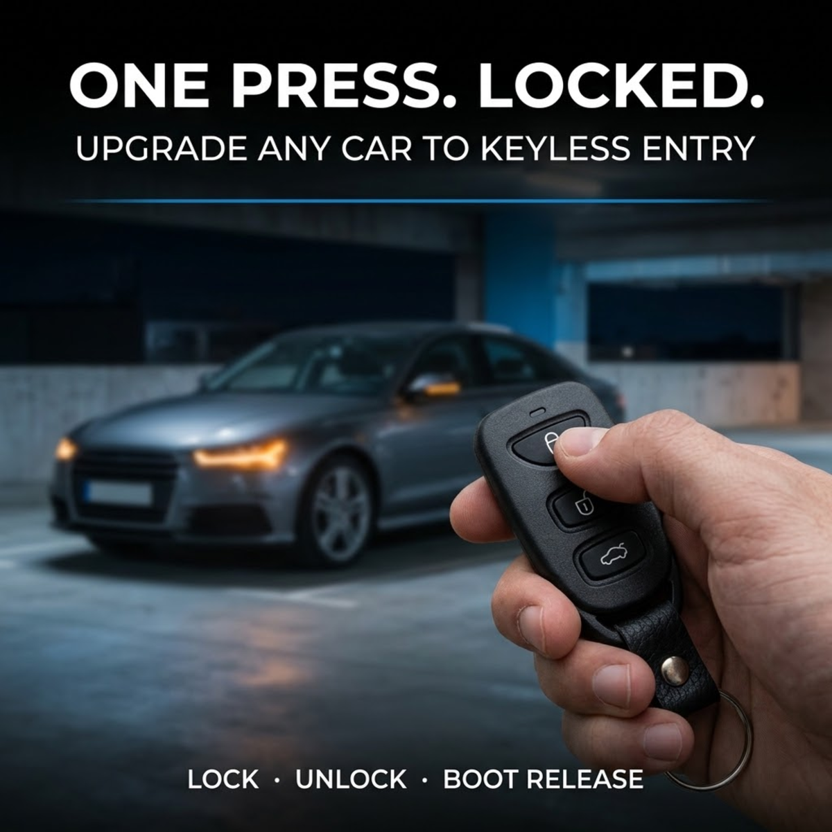 Hand pressing a keyless entry remote fob with lock, unlock and boot release buttons, with a grey sedan in a car park behind