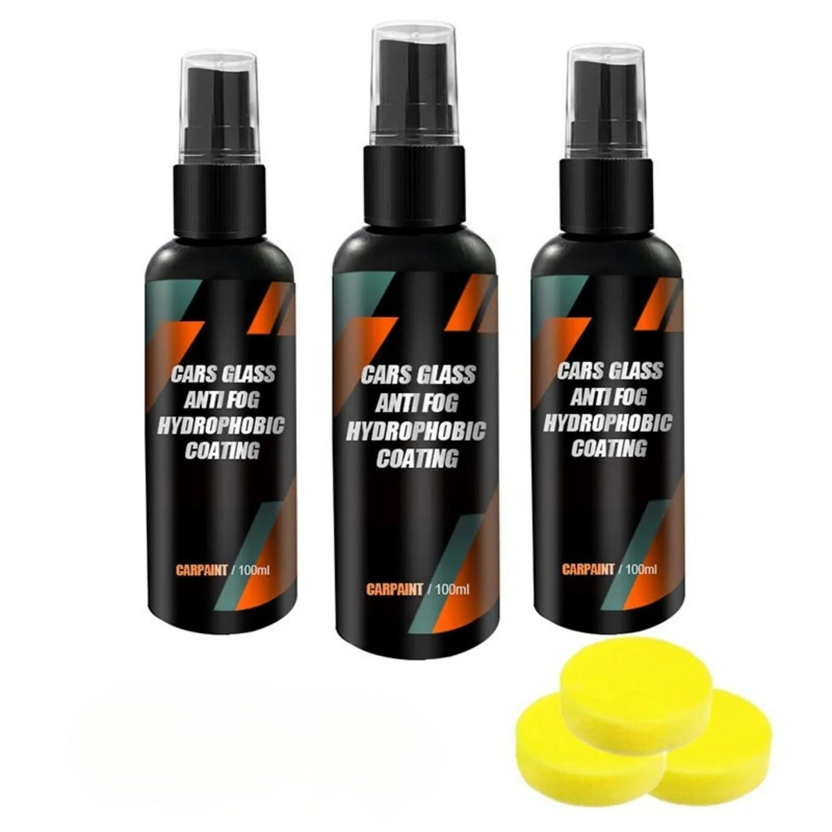 Three bottles of Hydrophobic Glass Shield car glass anti-fog coating spray with three yellow applicator sponges
