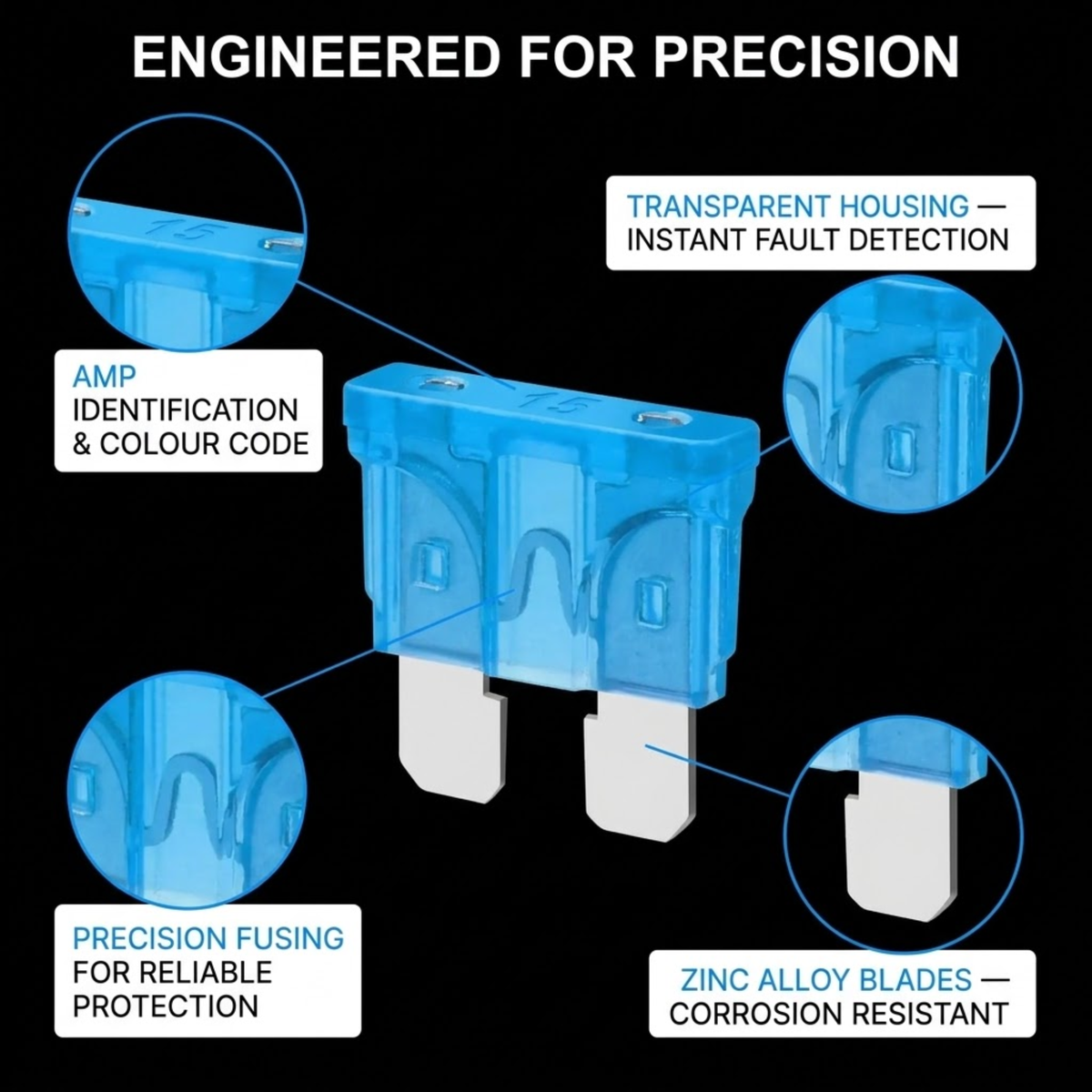 A blue translucent fuse with white metal blades on a black background, surrounded by callout circles and text explaining features such as transparent housing, amp identification, precision fusing, and zinc alloy blades.