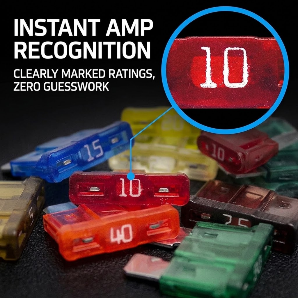 Fuse pack with translucent red, blue, orange, green, and black fuses on a dark background, featuring marketing text 'INSTANT AMP RECOGNITION' and a circular close-up of a red fuse marked '10'.