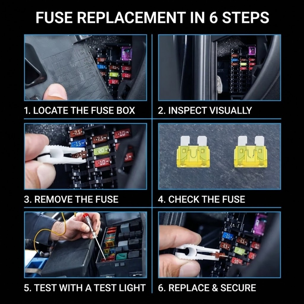 A 6-step instructional graphic titled 'FUSE REPLACEMENT IN 6 STEPS' showing close-up photos of a car fuse box, inspection, removal, testing with a test light, and replacement of fuses. The layout uses six panels with numbered callouts on a black background.