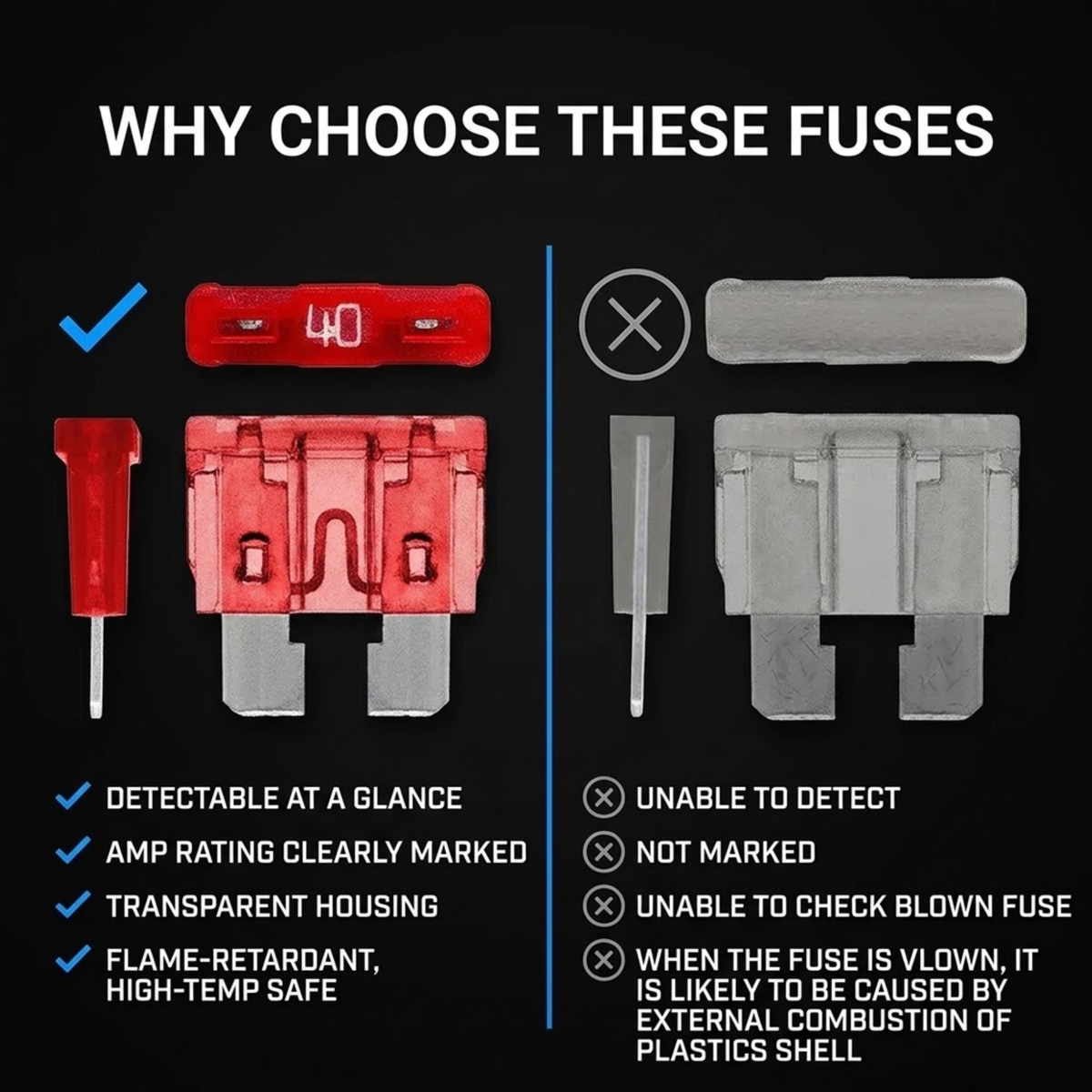 A product comparison graphic showing red and silver fuse options with text explaining why to choose these fuses, set against a black background.