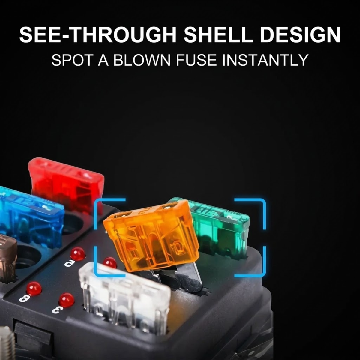 Fuse tester with translucent colored fuse shells in red, blue, orange, and green on a black background, with text reading 'SEE-THROUGH SHELL DESIGN' and 'SPOT A BLOWN FUSE INSTANTLY'.