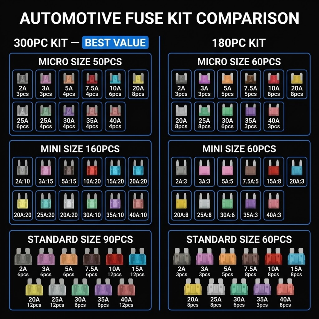 A comparison chart titled 'AUTOMOTIVE FUSE KIT COMPARISON' showing six grid layouts labeled 300PC KIT, 180PC KIT, and sizes Micro Size 50PCS, Micro Size 60PCS, Mini Size 160PCS, Mini Size 60PCS, and Standard Size 90PCS, Standard Size 60PCS, with many fuse color options and quantities.