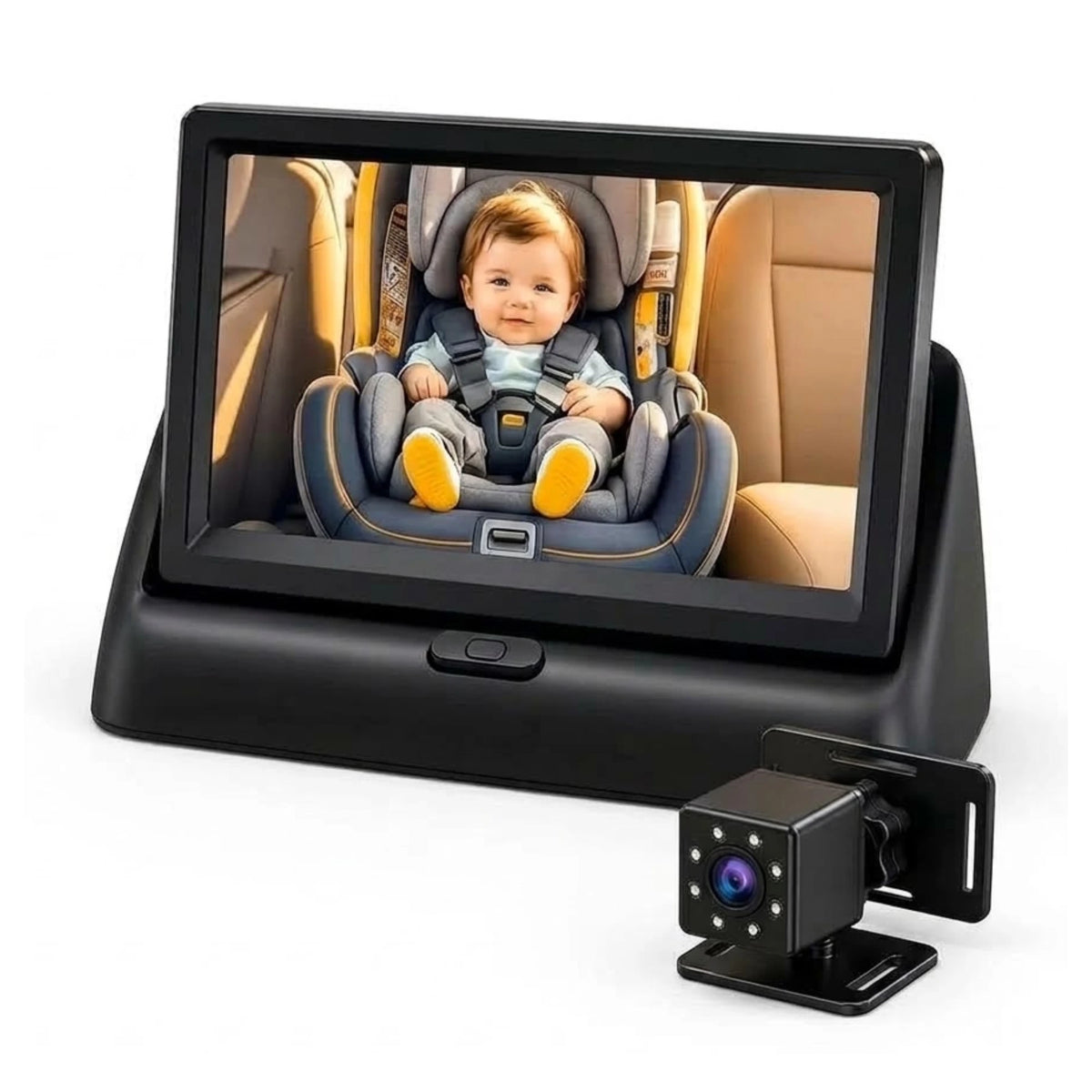 Baby Seat Mirror Monitor and rear-view camera on a white background, displaying a baby in a rear-facing car seat