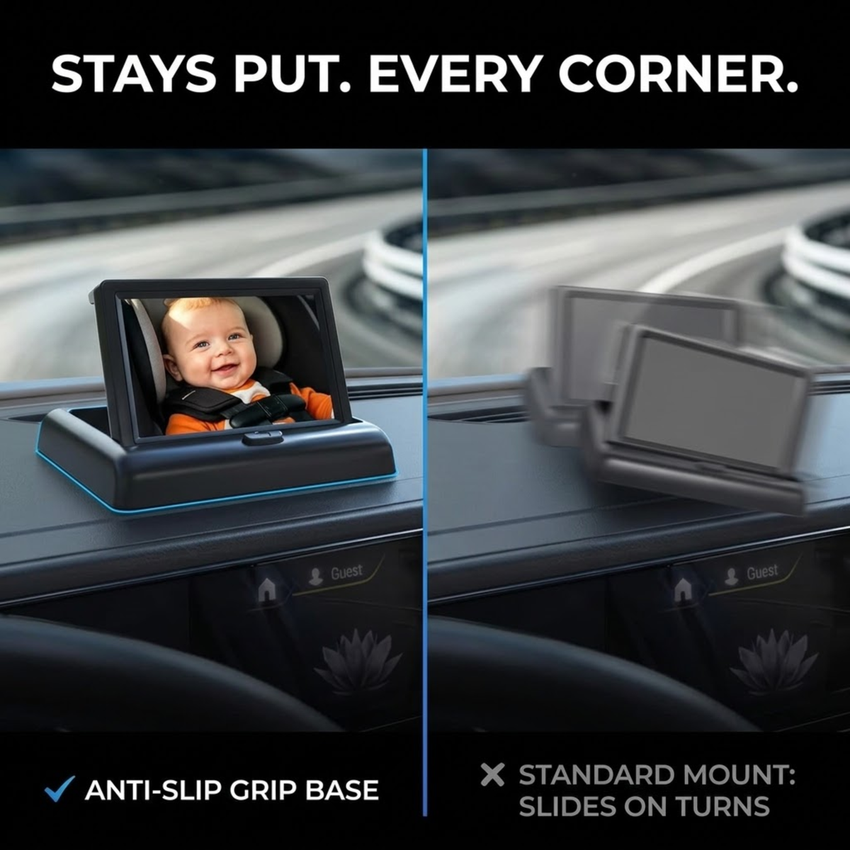 Baby Seat Mirror Monitor on an anti-slip grip base on a car dashboard compared with a sliding standard mount
