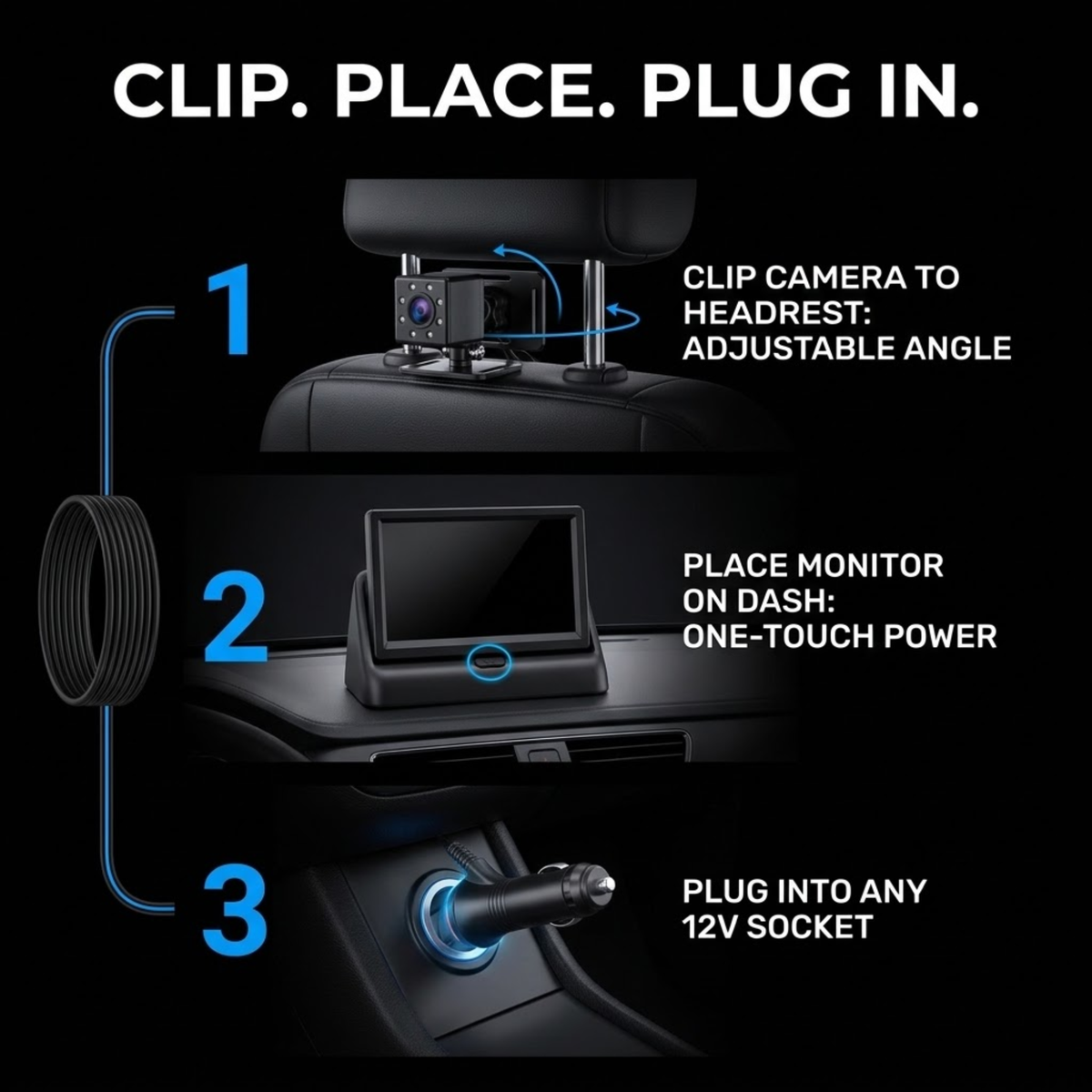 Three-step Baby Seat Mirror Monitor installation: camera clipped to the headrest, monitor placed on the dash, plugged into a 12V socket