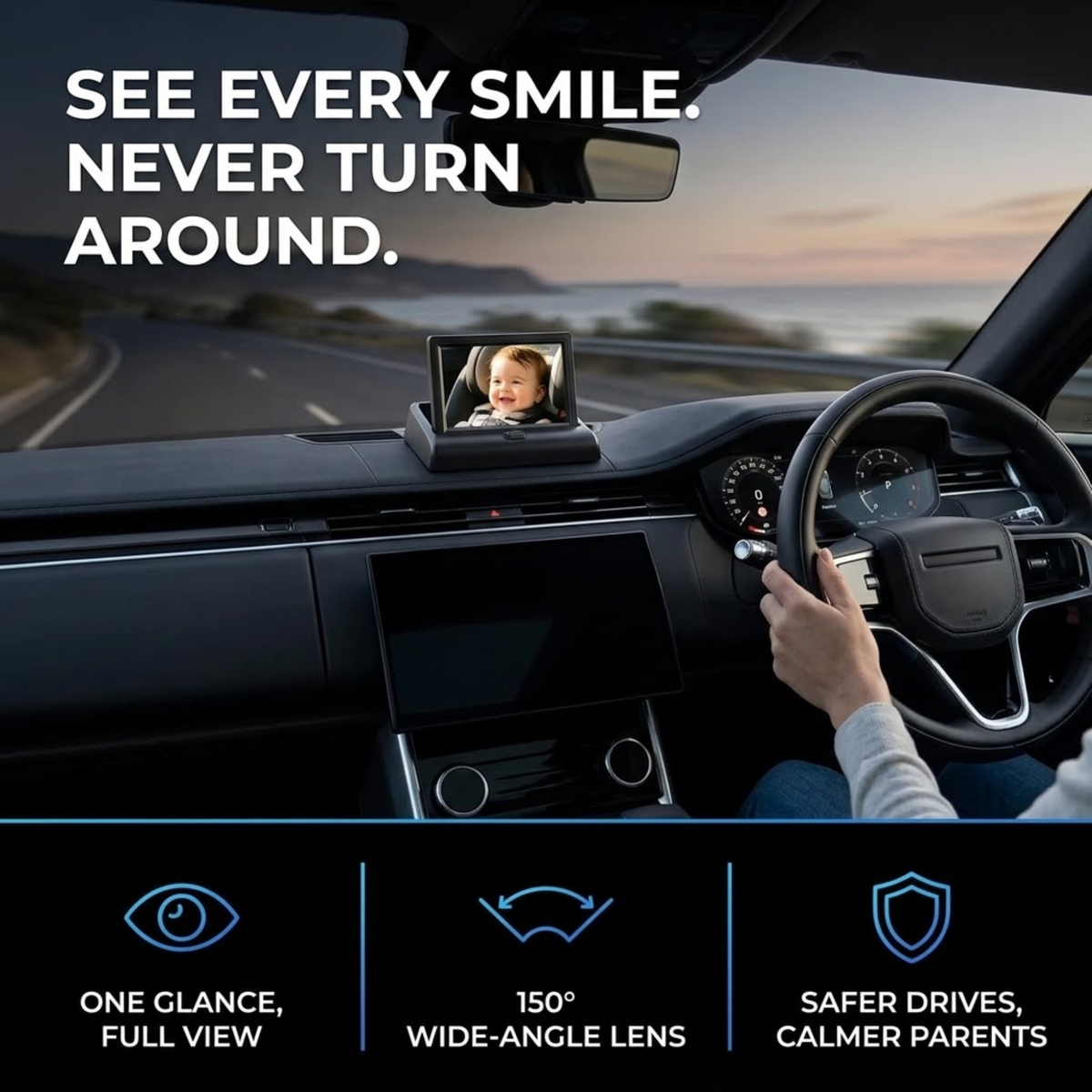 Baby Seat Mirror Monitor on a car dashboard showing a smiling baby while a parent drives