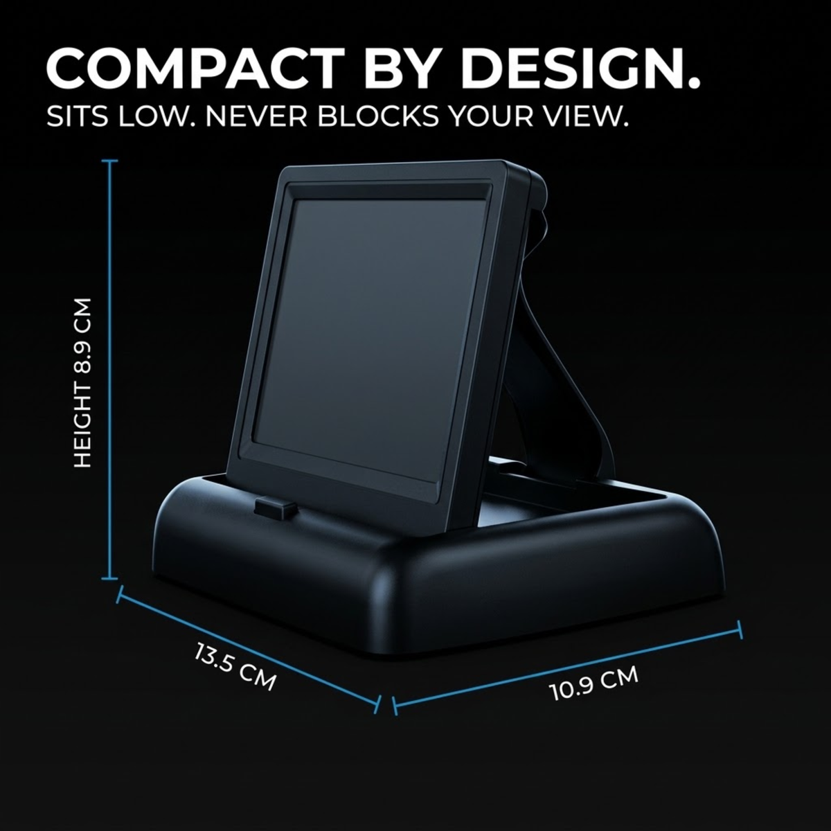 Baby Seat Mirror Monitor screen and stand with 8.9 cm height and 13.5 cm by 10.9 cm base dimensions marked