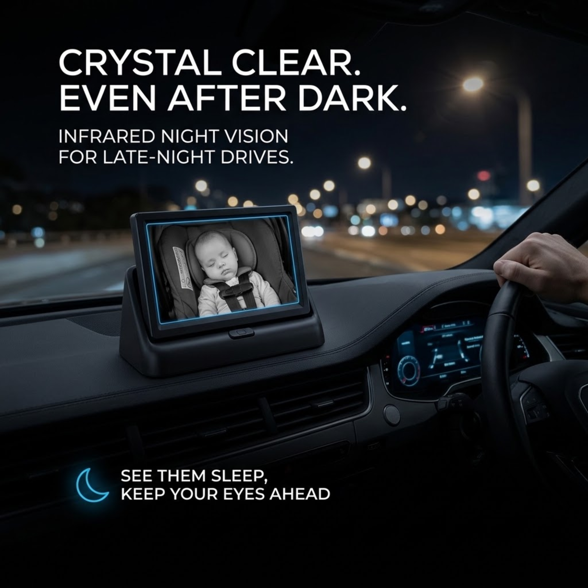 Baby Seat Mirror Monitor on a dashboard displaying a sleeping baby in infrared night vision during a night drive
