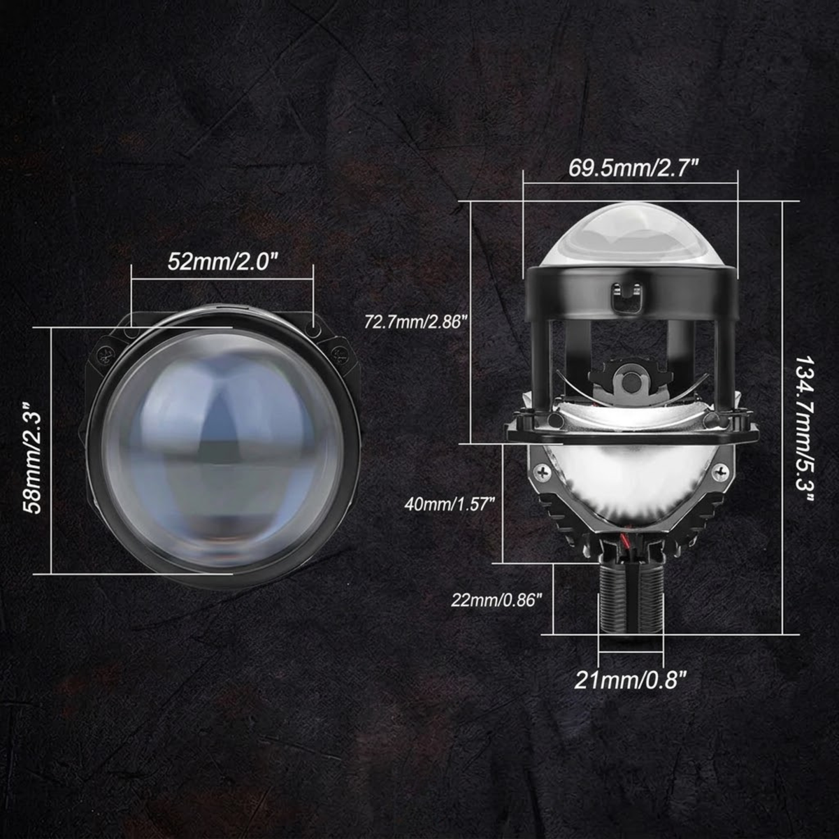 Dimension diagram of the Bi-LED projector headlight lens showing a 69.5mm width and 134.7mm overall height