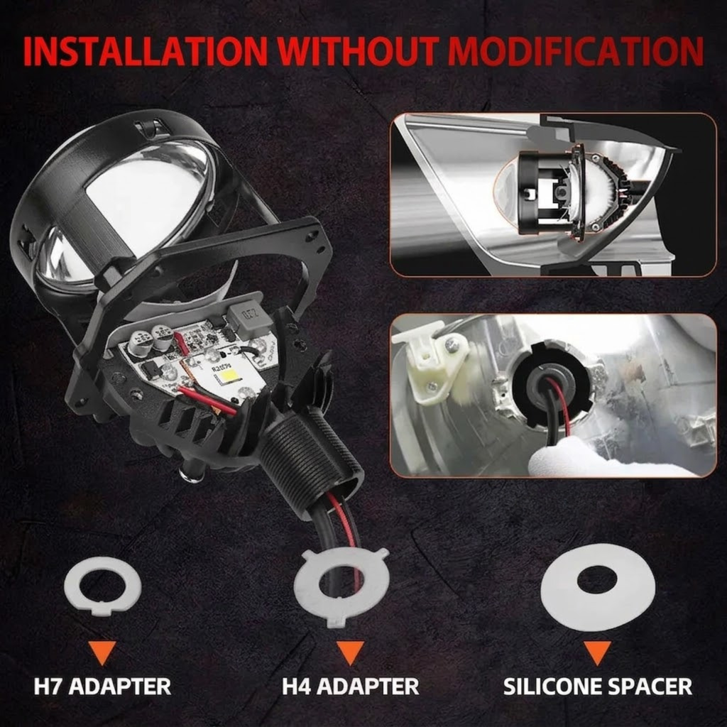 Bi-LED projector headlight kit installation without modification, showing the internal LED module and included H7 adapter, H4 adapter and silicone spacer