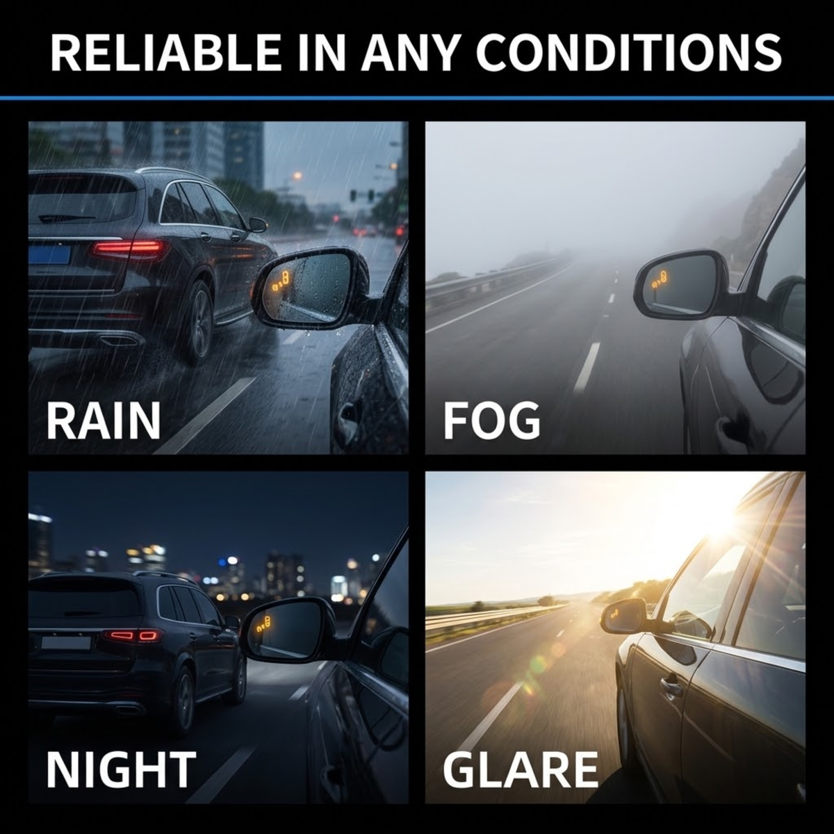 A four-panel promotional graphic with the headline 'RELIABLE IN ANY CONDITIONS' and labels 'RAIN', 'FOG', 'NIGHT', and 'GLARE', showing car-side views demonstrating visibility in adverse weather.
