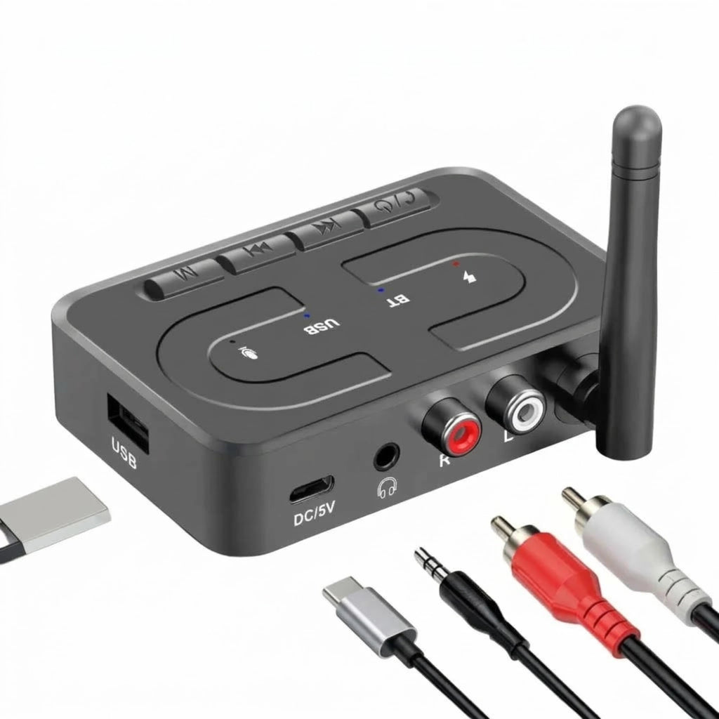Bluetooth 6.0 Audio Receiver with antenna, RCA outputs, 3.5 mm AUX, USB and USB-C ports, shown with USB-C, AUX and RCA cables