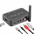 Bluetooth 6.0 Audio Receiver with antenna, RCA outputs, 3.5 mm AUX, USB and USB-C ports, shown with USB-C, AUX and RCA cables