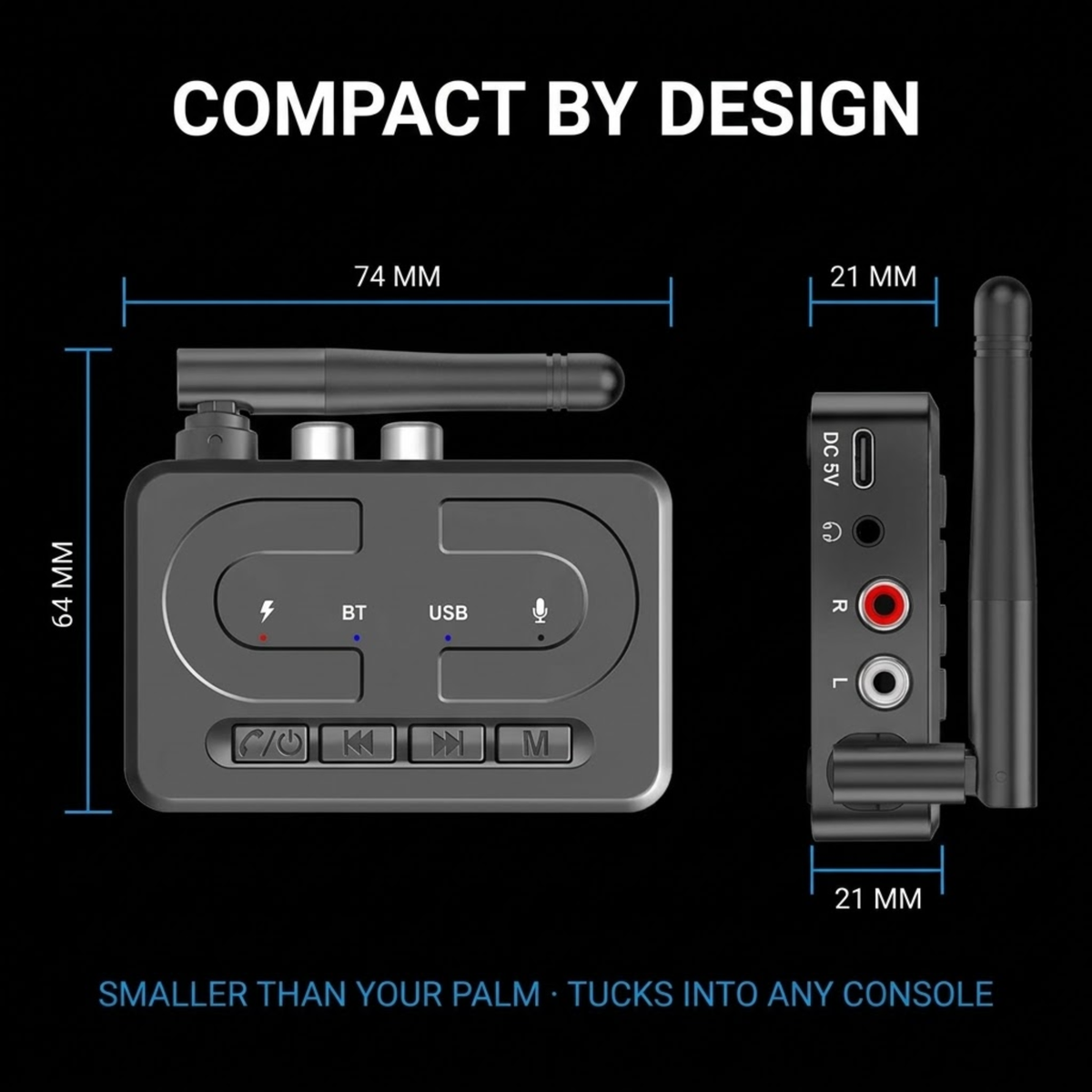 Bluetooth 6.0 Audio Receiver dimensions diagram showing 74 x 64 x 21 mm compact body with antenna