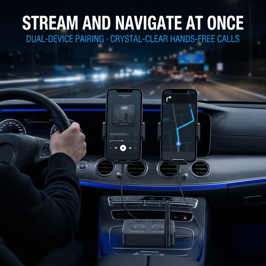 Bluetooth 6.0 Audio Receiver in a car paired with two phones at once, one playing music and one showing navigation