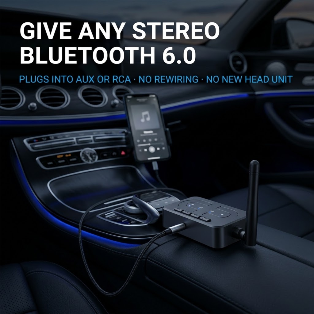 Bluetooth 6.0 Audio Receiver on a car centre console, connected by AUX cable and streaming music from a dash-mounted phone