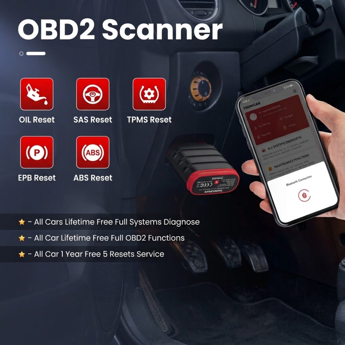 Bluetooth Car Diagnostic Scanner plugged into a car OBD2 port with smartphone app showing oil, SAS, TPMS, EPB and ABS reset functions