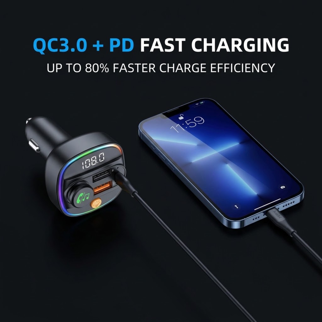 A car cigarette lighter power adapter with a digital display and colorful LED ring, shown charging a smartphone on a dark background with text reading 'QC3.0 + PD FAST CHARGING'.