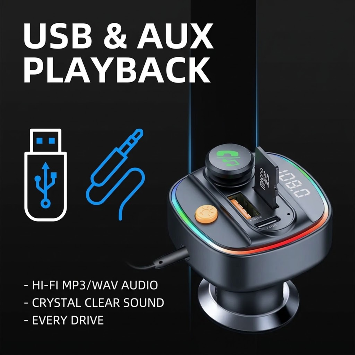 A car stereo USB and AUX playback adapter device shown on a black background with promotional text and icons for USB and audio jack connectivity.