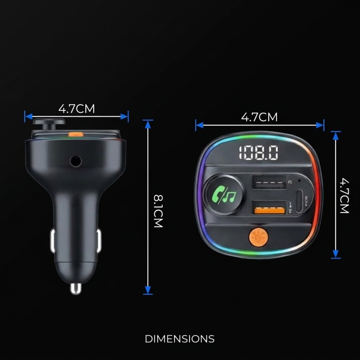 A car cigarette lighter adapter and matching USB charger shown with dimension arrows and labels on a black background, including measurements of 4.7CM width, 8.