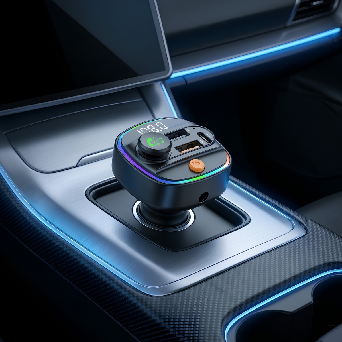 A black car center console accessory with USB charging ports and a small display, shown installed on a car's gear shift console with blue ambient lighting.