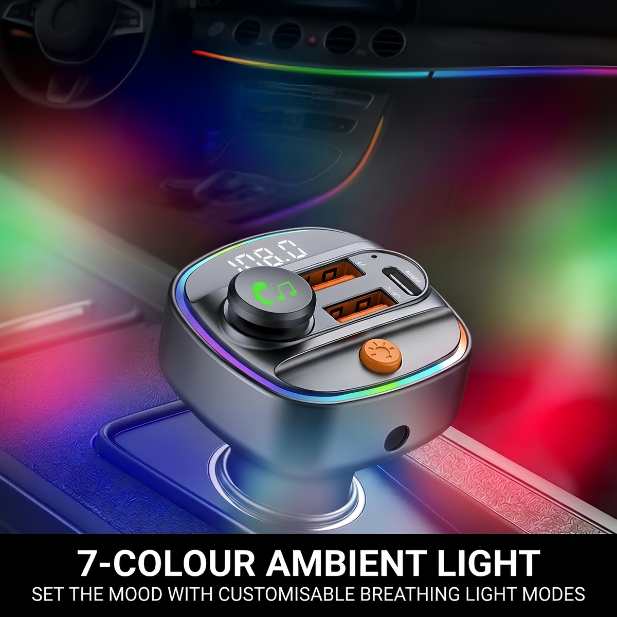 A car cigarette lighter adapter with built-in USB charging ports and a digital display, shown mounted on a car center console with colorful ambient LED lighting. Text at the bottom reads '7-COLOUR AMBIENT LIGHT' and 'SET THE MOOD WITH CUSTOMISABLE BREATHING LIGHT MODES'.