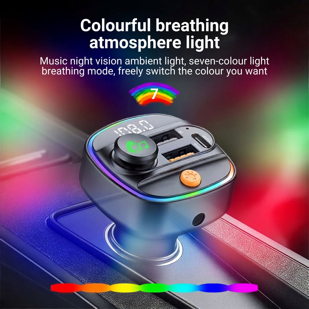 Bluetooth Car FM Transmitter lit up with colourful breathing atmosphere light in a dark car interior.