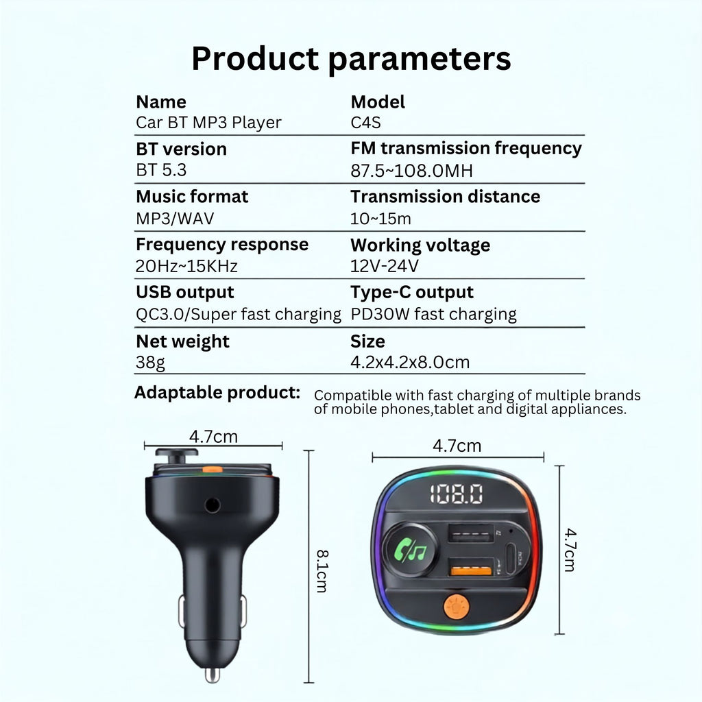 Product parameters table listing the Bluetooth Car FM Transmitter's technical specifications including input voltage and charging current.