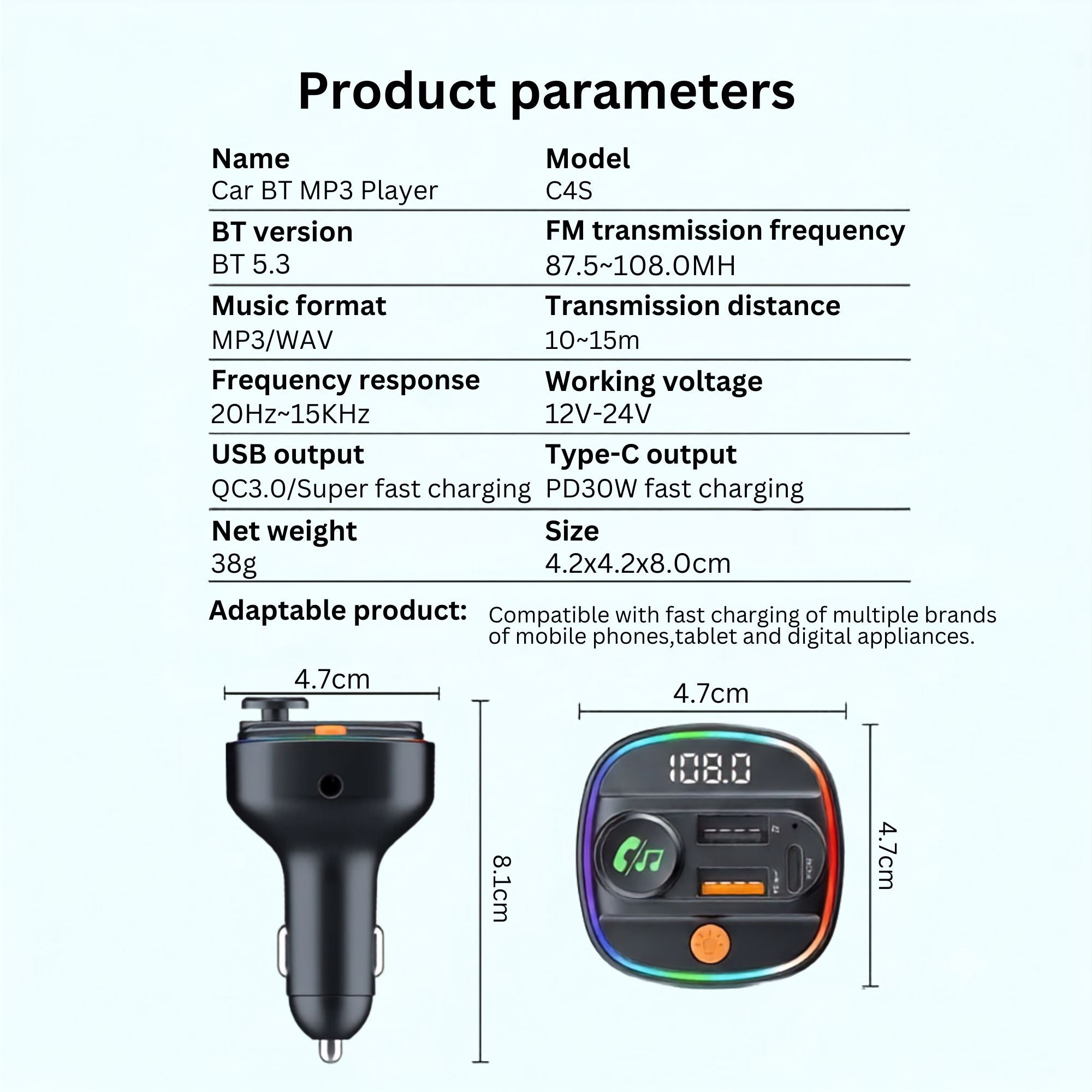 Product parameters table listing the Bluetooth Car FM Transmitter's technical specifications including input voltage and charging current.