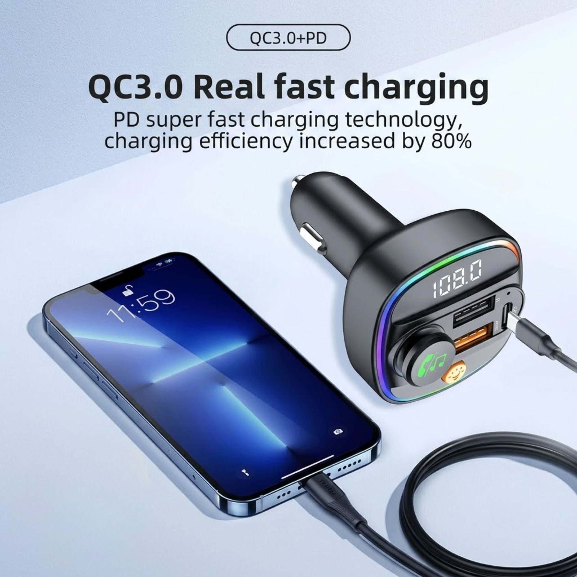 PD30W fast charging infographic for the Bluetooth Car FM Transmitter, showing Type-C output increasing charging efficiency by 80 percent.