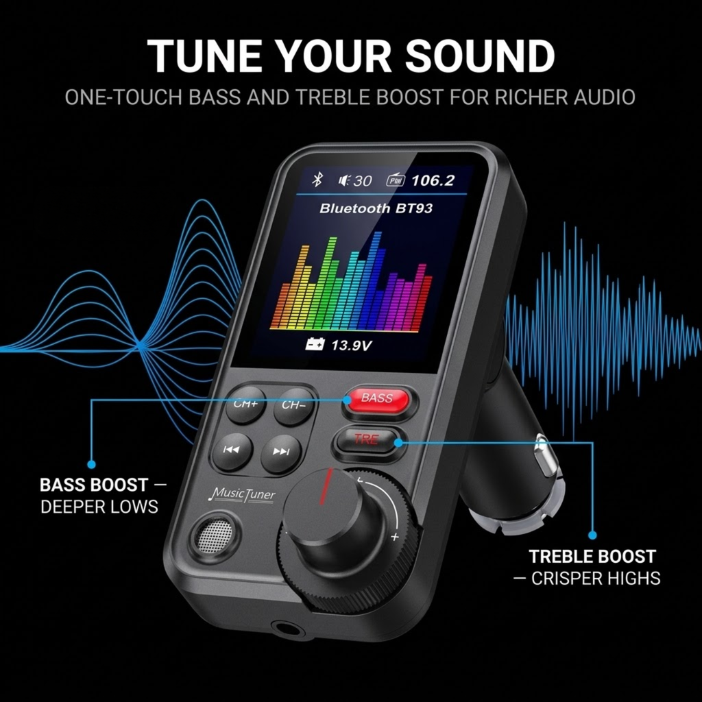 Equaliser Bluetooth FM Transmitter with colour equaliser screen and one-touch bass and treble boost buttons