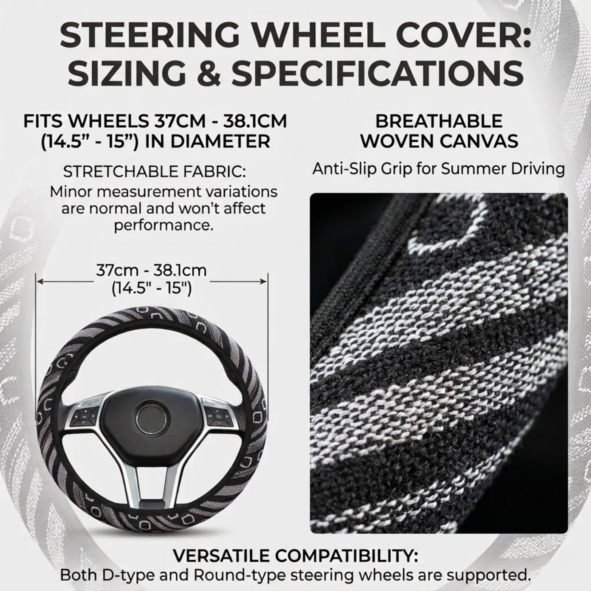 A product information graphic for a steering wheel cover, showing sizing and specifications. The left side includes text stating it fits wheels 37cm - 38.
