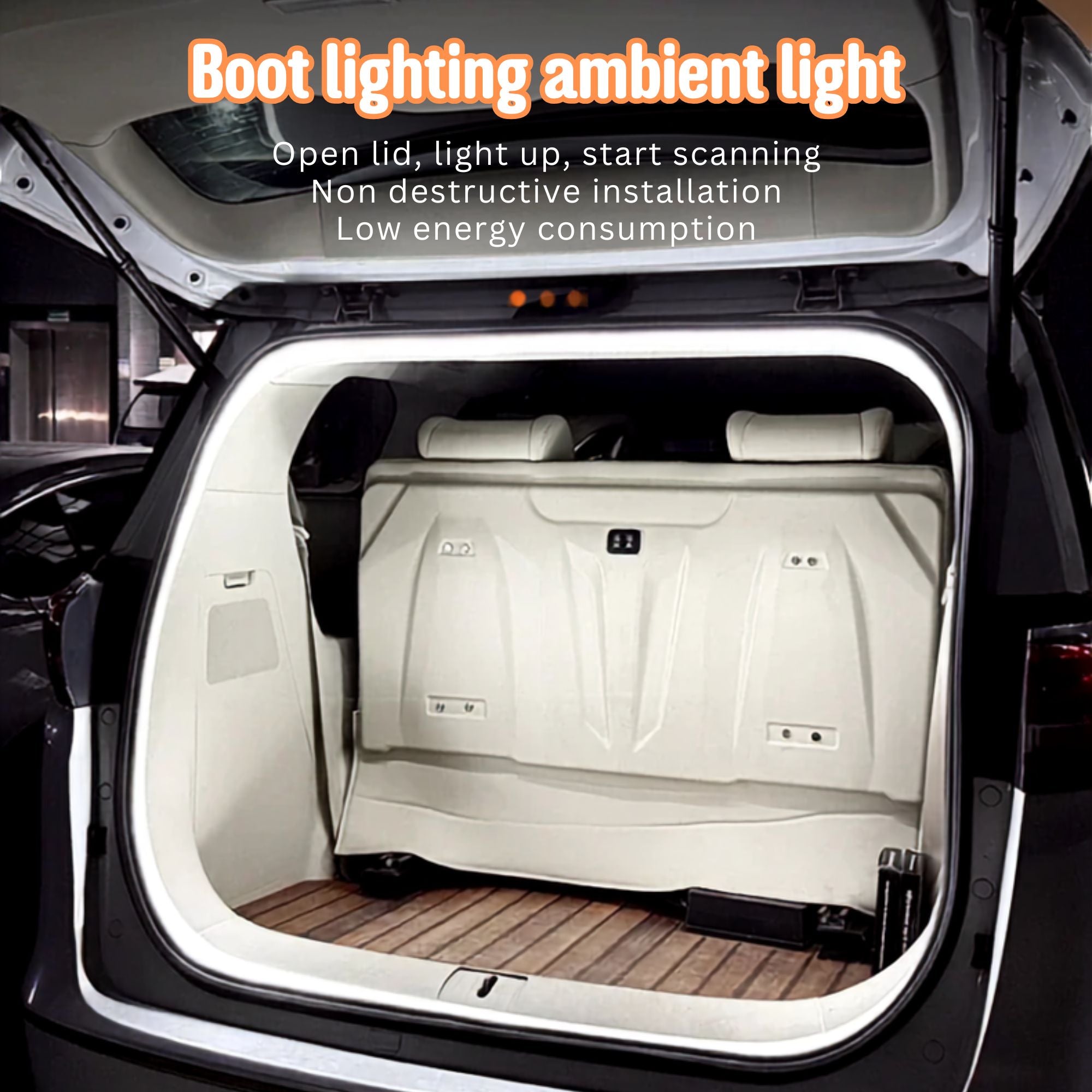 LED trunk light strip illuminating the interior of a car boot with text describing open lid light up and non-destructive installation