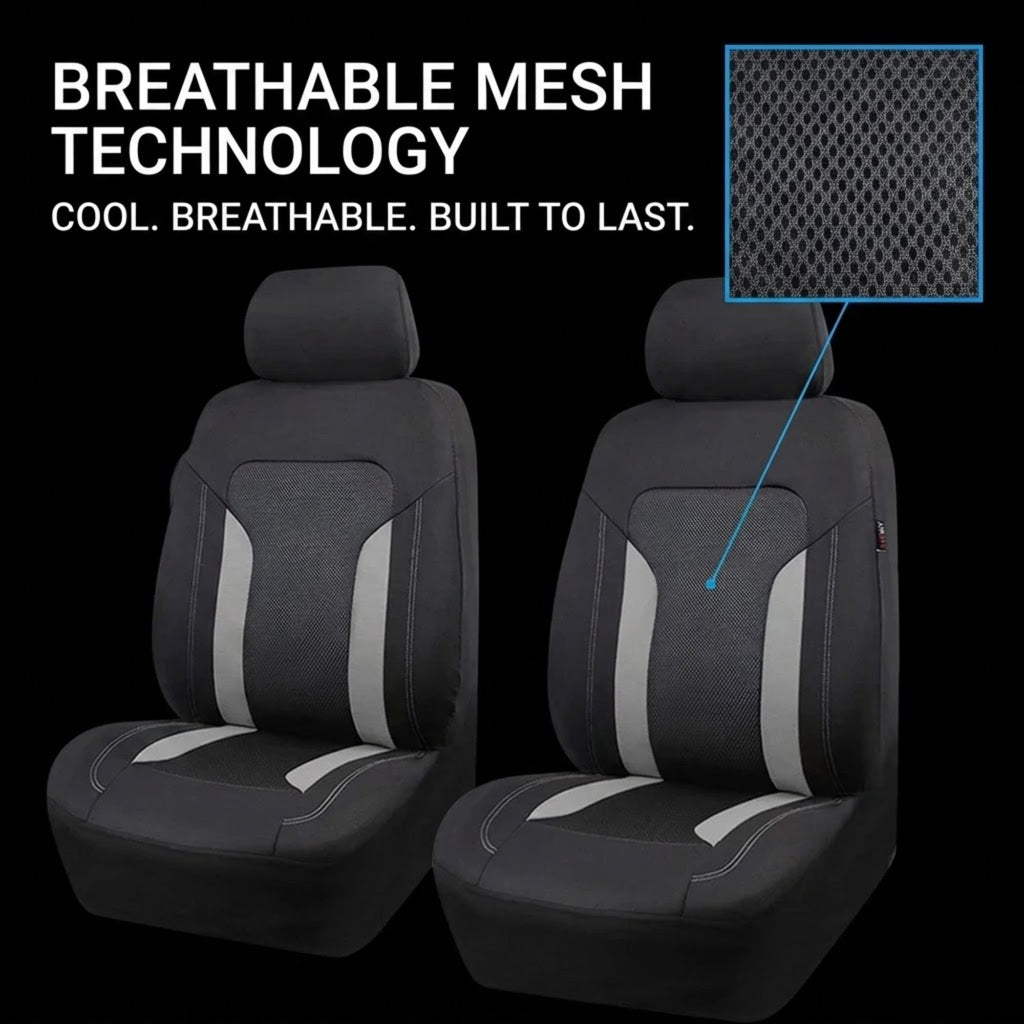 Two dark gray car seat covers shown on front seats against a black background, with large white text reading 'BREATHABLE MESH TECHNOLOGY' and a close-up inset of the mesh material.