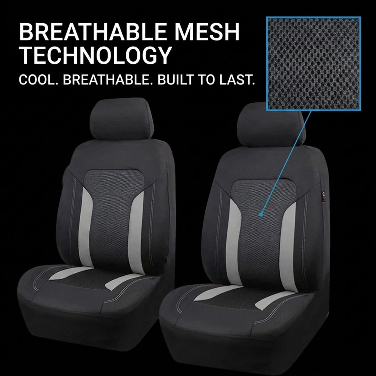 Two dark gray car seat covers shown on front seats against a black background, with large white text reading 'BREATHABLE MESH TECHNOLOGY' and a close-up inset of the mesh material.