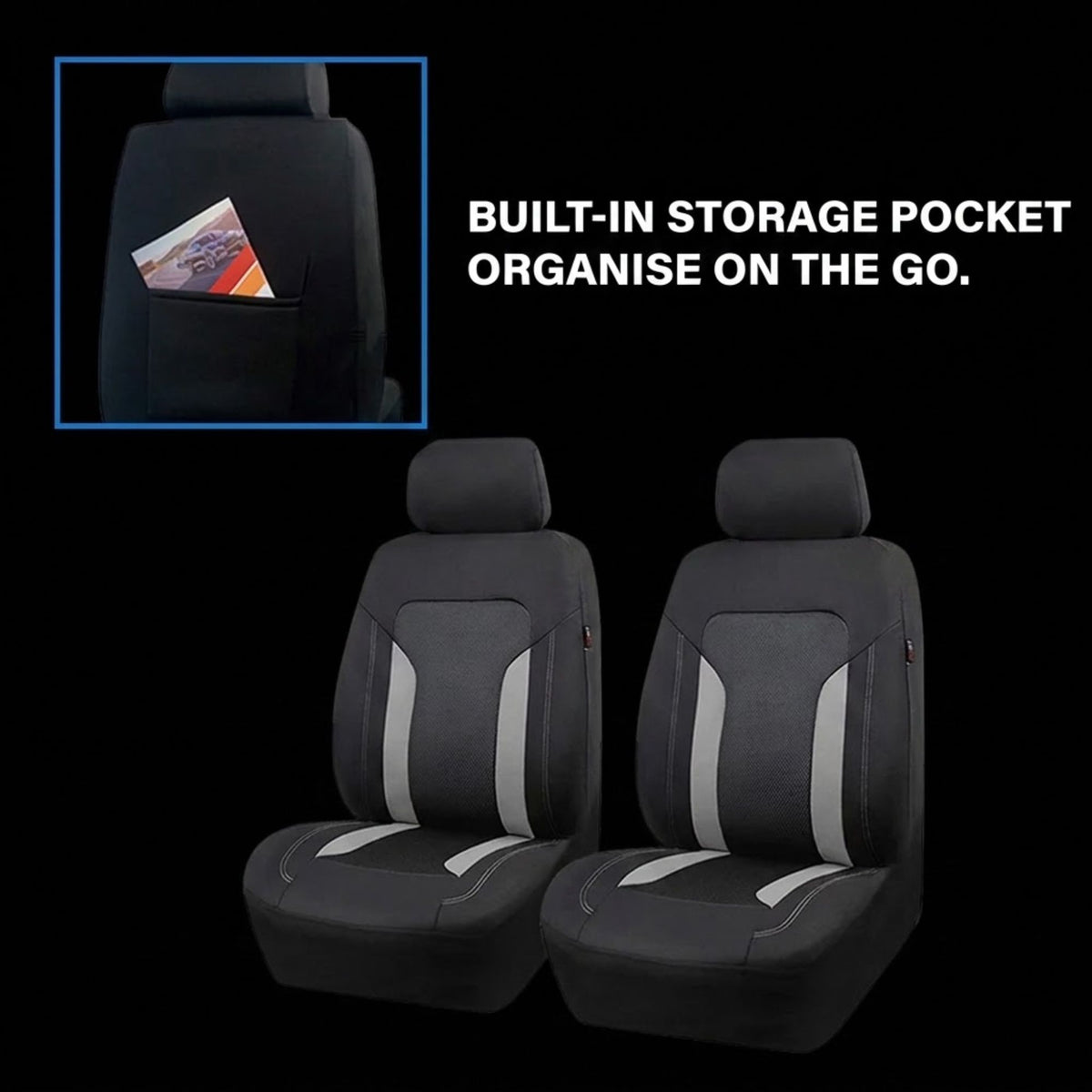 Two dark gray car seat covers with light gray side panels shown on black background, with a small inset showing a built-in storage pocket on the back of a seat and text reading 'BUILT-IN STORAGE POCKET ORGANISE ON THE GO.'.