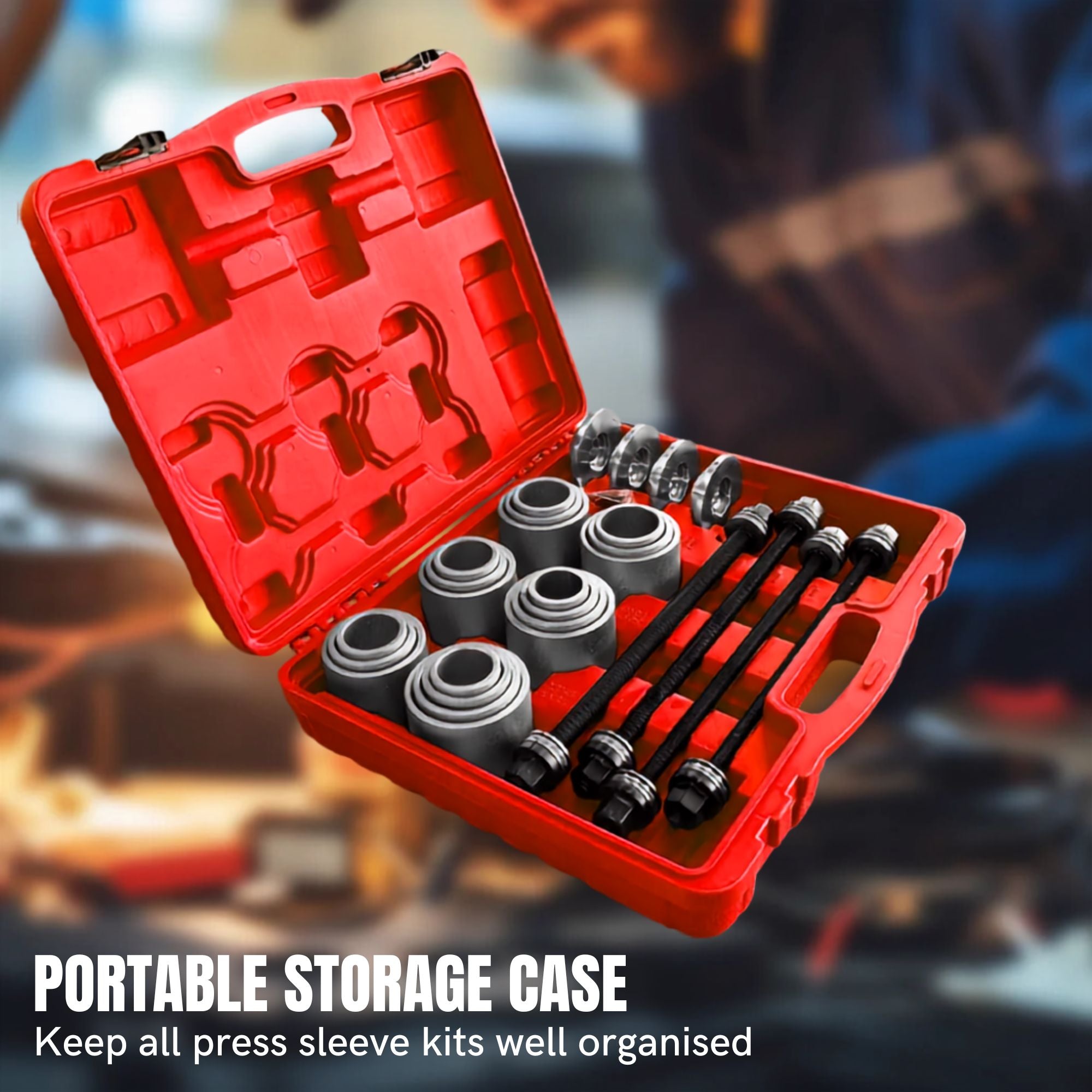 Bush Removal Tool Kit press sleeves and spindles packed neatly inside the portable red storage case to keep the kit organised